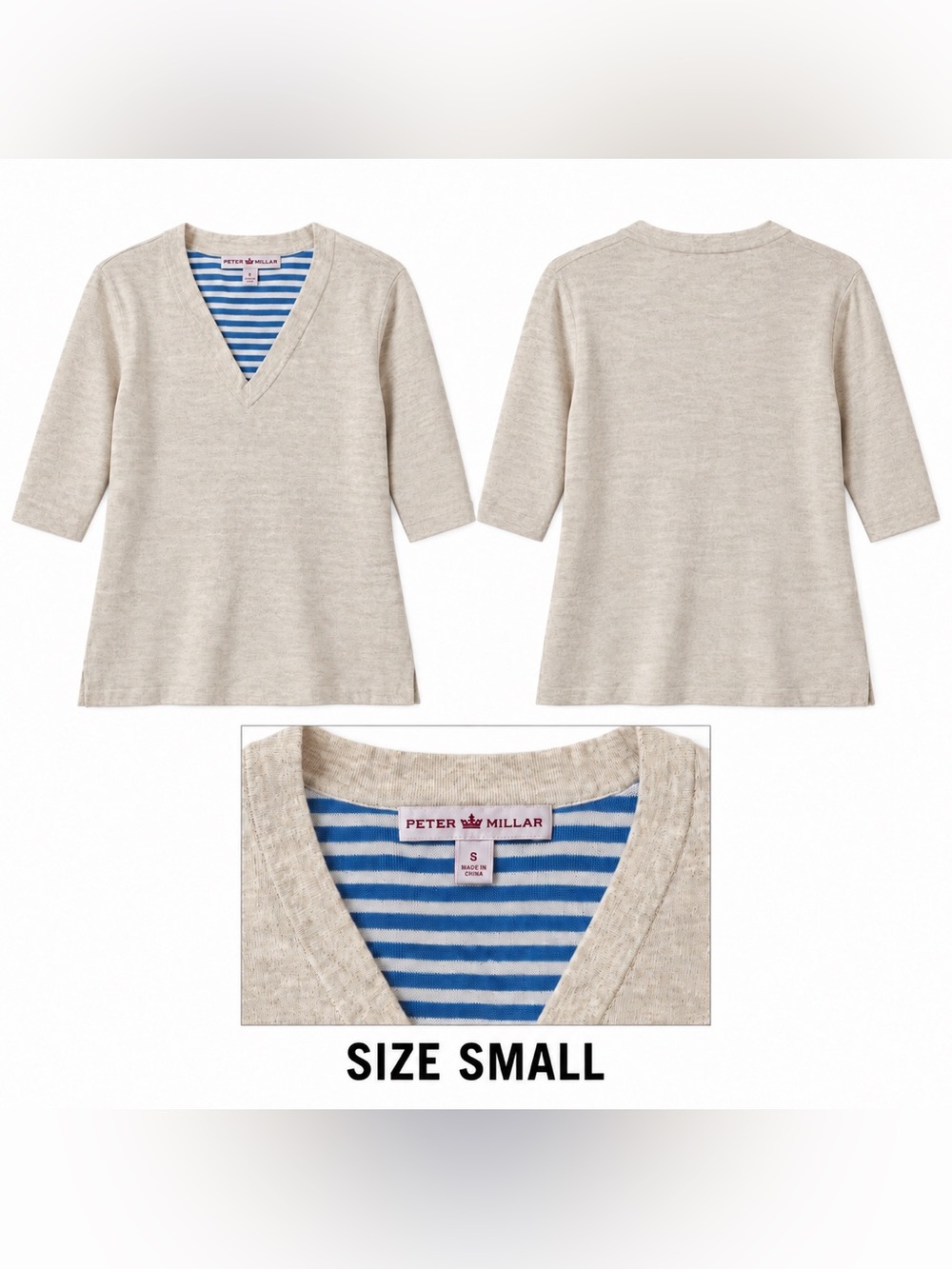 Peter Millar women Cream V-Neck Sweater with Blue Stripe Lining